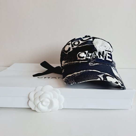 New Chanel 100% Cotton Coco Roses Print Cap Hat Navy Black White main image 7